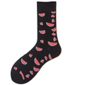 Cotton crew socks in black featuring vibrant pink watermelon fruit patterns - 38-46 / Black Base Watermelon Pattern (1080C)