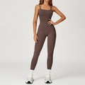 Mokkabruine yoga jumpsuit met vierkante hals, kruislingse rug en figuurnaden - S / Diep Chocoladebruin