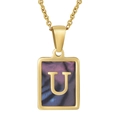 Square gold stainless steel necklace with blue shell inlay and letter U pendant - Colorful Shell U