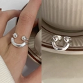 Minimalist silver smiley face open ring with double-layered band and polished finish - Double Line Ball Smiley
