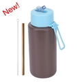 Brown 1L stainless steel vacuum sport bottle with blue strap lid and gold straw kit - 1 L / Pop-up Straw Lid / Sky Blue + Dark Coffee