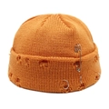 Close-up of bright orange knit miki hat featuring street style torn holes and metal pins - M(54-60cm) / Orange