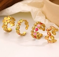 Set of four gold-tone adjustable open rings with colorful enamel floral patterns - Stainless Steel Colorful Flower Enamel Ring Set (4Pcs) (28 不锈钢滴油戒指4个)