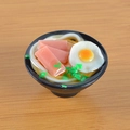 Miniature Japanese ramen bowl keychain with egg, ham, and green onions on wood background - Ham and Egg Noodles (No Keychain) / 5cm x 2cm x 2.5cm