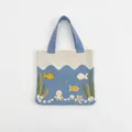 Close-up of ocean-themed knitted tote bag with blue octopus and sea creature patterns - Blue
