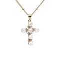 Collana a croce placcata in oro vintage con perle bianche e piccoli strass in cristallo - Croce di Perle Oro con Catena a Sfere