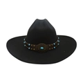 Black western felt fedora hat with turquoise beads and brown leather strap - One Size / Black