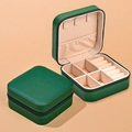 Portable square velvet jewelry box in dark green finish with a secure black zipper - Cross-grain PU-Dark Green / 10*10*5cm