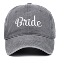 Detailed view of white Bride embroidery on dark grey vintage washed cotton baseball cap - BRIDE / Gray