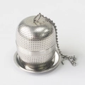 Detail of 304 stainless steel tea infuser ball with fine mesh, chain, and base tray - Small Ball + Base