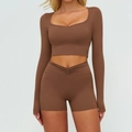 Set da yoga marrone cioccolato per donna con top a maniche lunghe e pantaloncini a vita a V - Taglia S / Top E Pantaloni / Top + Pantaloncini / Caffè