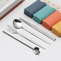 Portable stainless steel cutlery set with cherry blossom chopsticks in a blue silicone case - Type D Silver