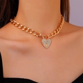 Chunky gold chain necklace with a heart-shaped padlock pendant featuring micro-pave crystals - Gold - Rhinestone Heart Padlock Cuban Chain (8692)