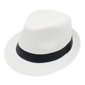 Gros plan sur le tissage fin d'un chapeau trilby blanc avec ruban en satin noir élégant - Blanc