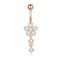 Rose gold belly button ring with flower design and dangling clear cubic zirconia crystals - Plum Shape