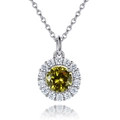 Elegant silver necklace featuring a round yellow gemstone pendant with halo diamonds - Olive Green 【White Gold】