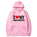 Pink hoodie featuring I Love My Girlfriend print with kangaroo pocket and drawstring - Pink Slogan / S