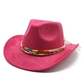 Ethnic rose red suede cowboy hat with colorful braided band and shell accents - M (56-59cm) / Rose Red Suede