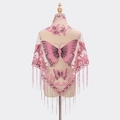 Pink sheer lace shawl with purple butterfly embroidery and sequins fringe trim - Pink