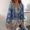 Bohemian floral print long sleeve blouse with tie-neck design for vacation wear - S / Navy Blue