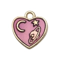 Pink heart enamel charm with golden celestial moon and stars pattern for DIY jewelry - Pink Planet Star Moon (11x12mm)