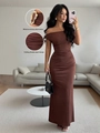 Off-shoulder long dress in dark brown featuring elegant side metal buckles and ruched details - S / Coffee