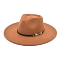 Detail of tan wide-brim fedora hat featuring black leather band and gold metal H buckle - M (56-58cm) / Khaki