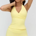 Lemon yellow halter yoga set featuring V-neck sports bra and high-waist leggings - S / Goose Yellow