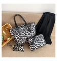 Dreiteiliges Taschenset mit Leopardenmuster in Grautönen bestehend aus Shopper und Beutel - Leopardenmuster Schwarz