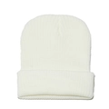 Close-up of white rib-knit beanie with vertical stripes and folded cuff design - M (56-58cm) / White