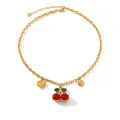 Detail of gold chain necklace with cherry, heart, and sun charms with size specs - Heart Sun Red Cherry Multi-Pendant Necklace (HC-N40610)