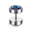 Macro view of dumbbell stud earrings with iridescent blue crystal and silver steel finish - Silver Base - Blue Druzy / 10mm