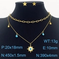 Gold Evil Eye jewelry set with star pendants and blue enamel charms on a black mannequin - Blue Evil Eye Star Set (KS203541-MW)
