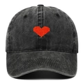 Washed grey vintage baseball cap with red pixel heart embroidery for women and men - Black