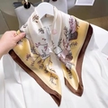 Elegant vintage silk-like scarf with shell and flower prints in yellow and beige - Yellow Square Scarf With Floral Patterns / 65