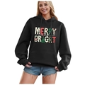 Black Merry and Bright Christmas hoodie with drawstring and festive graphic print - S / Tops / Black