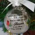 Memorial Christmas ball with white feathers, red bird print, and angel wing charm - Red Bird + Heaven