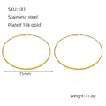 Detailed size view of 75mm oversized 18k gold plated stainless steel hoop earrings - 75mm / Gold