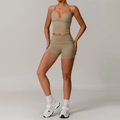 Women's yoga set in khaki featuring a V-neck cropped tank top and high waist shorts - 8998 Vest + 8998 Shorts Dark Khaki