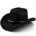 Detailed close-up of a black suede cowboy hat featuring a colorful bohemian beaded band - M (56-58cm) / Black