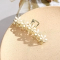 Golden hair clip with five cream white enamel flowers and pearl center accents - Five-Flower Row Pearl Decor / Pearl White