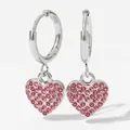 Silver heart drop earrings with pink zircon inlay and stainless steel hoop closure - Silver With Pink Zircon (PDE1210)