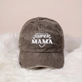Detailed view of white SUPER MAMA embroidery on washed charcoal cotton baseball cap - One Size / Coffee