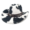 Detail of cow print cowboy hat featuring a brown leather band and silver bull emblem - M (56-58cm) / Straight Top / Black