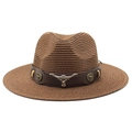 Detail of dark brown straw cowboy hat with metallic bull head buckle and leather band - Brown