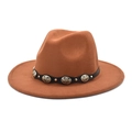 Detail of brown wool fedora with black leather band and vintage silver metal studs - M(56-58cm) / Khaki