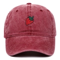 Detailed embroidery of a red strawberry on distressed burgundy denim baseball cap - Burgundy
