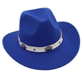 Close-up of blue wool felt fedora featuring a white leather ethnic band with silver floral studs - Sapphire Blue
