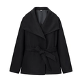 Slim fit black wool coat for women with large lapels and matching waist belt - S / Black