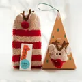 Christmas coral fleece socks with 3D elk antlers in a triangular kraft gift box - Adult (No Gift Box) / Striped Reindeer
